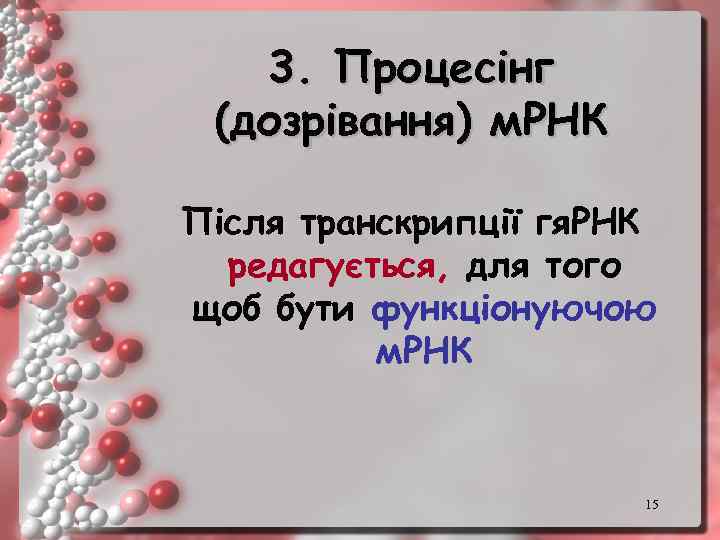 3. Процесінг (дозрівання) м. РНК Після транскрипції гя. РНК редагується, для того щоб бути