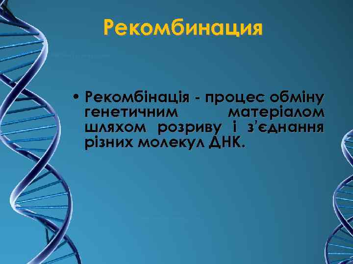 Рекомбинация • Рекомбінація - процес обміну генетичним матеріалом шляхом розриву і з'єднання різних молекул