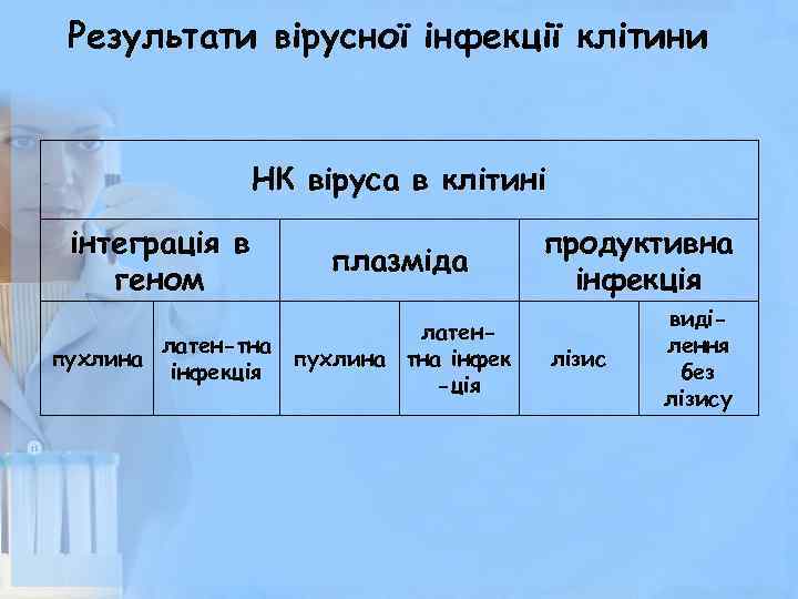 Результати вірусної інфекції клітини НК віруса в клітині інтеграція в геном плазміда латен-тна пухлина