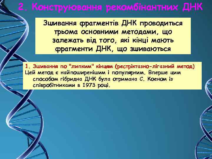 2. Конструювання рекомбінантних ДНК Зшивання фрагментів ДНК проводиться трьома основними методами, що залежать від