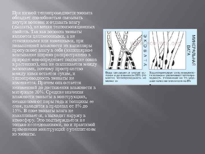 При низкой теплопроводности эковата обладает способностью связывать внутри волокон и отдавать влагу (дышать), не