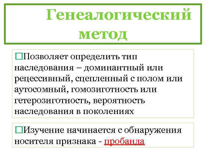 Генеалогический метод Позволяет определить тип наследования – доминантный или рецессивный, сцепленный с полом или