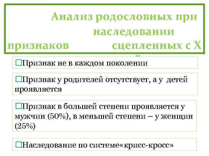 Анализ родословных при наследовании признаков сцепленных с Х -хромосомой Признак не в каждом поколении