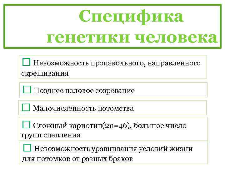 Специфика генетики человека Невозможность произвольного, направленного скрещивания Позднее половое созревание Малочисленность потомства Сложный кариотип(2