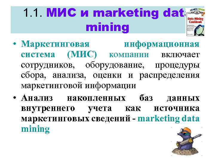 1. 1. МИС и marketing data mining • Маркетинговая информационная система (МИС) компании включает