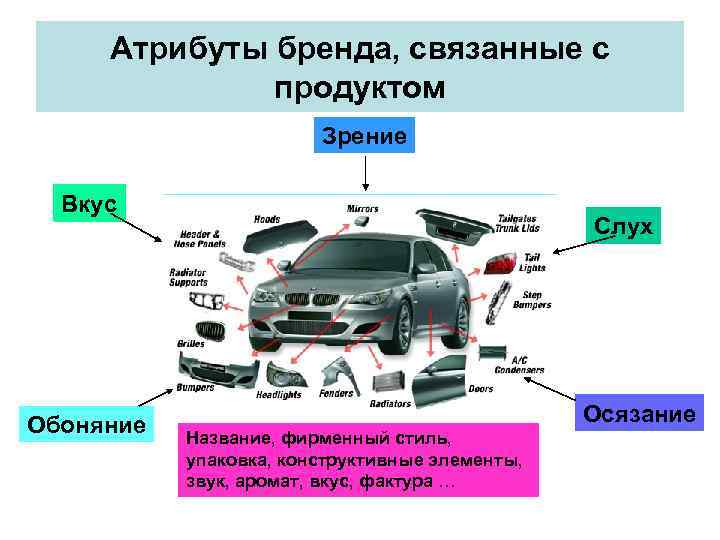 Атрибуты бренда, связанные с продуктом Зрение Вкус Обоняние Слух Осязание Название, фирменный стиль, упаковка,