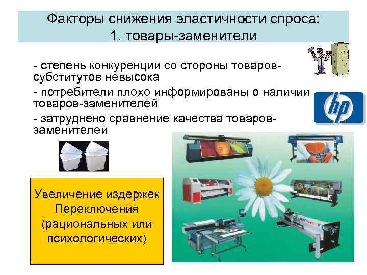 Факторы снижения эластичности спроса: 1. товары-заменители - степень конкуренции со стороны товаровсубститутов невысока -