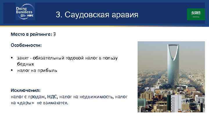 3. Саудовская аравия Место в рейтинге: 3 Особенности: • закят - обязательный годовой налог