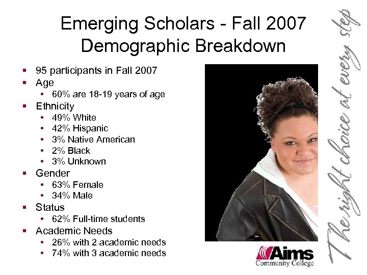 Emerging Scholars - Fall 2007 Demographic Breakdown § 95 participants in Fall 2007 §