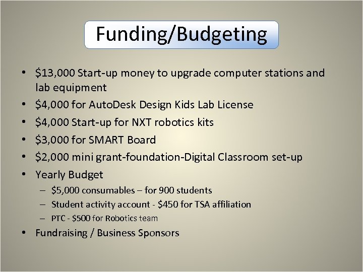 Funding/Budgeting • $13, 000 Start-up money to upgrade computer stations and lab equipment •