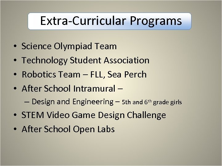 Extra-Curricular Programs • • Science Olympiad Team Technology Student Association Robotics Team – FLL,