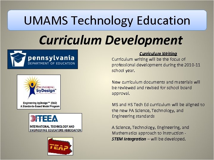 UMAMS Technology Education Curriculum Development Curriculum Writing Curriculum writing will be the focus of