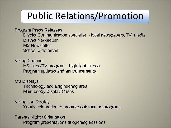 Public Relations/Promotion Program Press Releases District Communication specialist - local newspapers, TV, media District