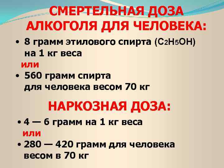 СМЕРТЕЛЬНАЯ ДОЗА АЛКОГОЛЯ ДЛЯ ЧЕЛОВЕКА: • 8 грамм этилового спирта (С 2 H 5