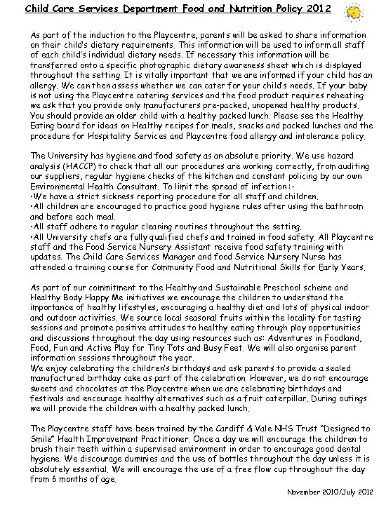 Child Care Services Department Food and Nutrition Policy 2012 As part of the induction