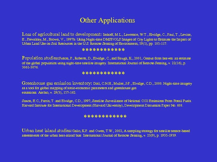 Other Applications Loss of agricultural land to development: Imhoff, M. L. , Lawrence, W.