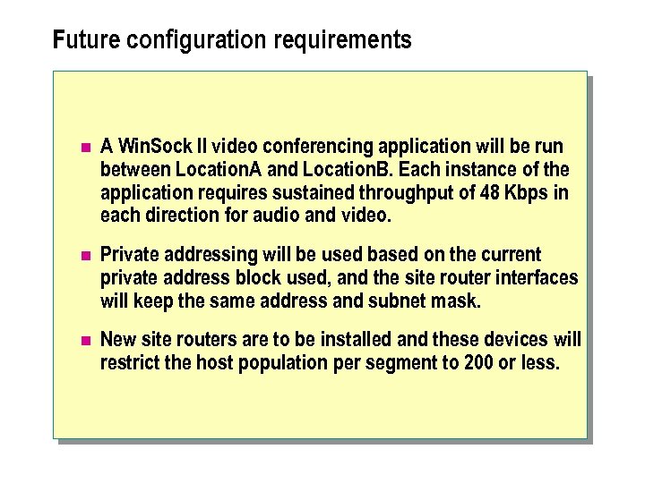 Future configuration requirements n A Win. Sock II video conferencing application will be run