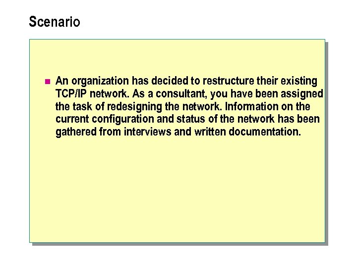 Scenario n An organization has decided to restructure their existing TCP/IP network. As a