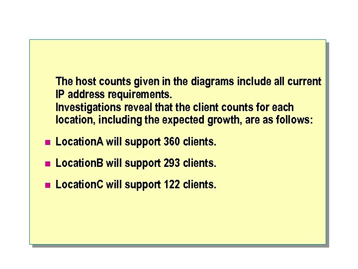 The host counts given in the diagrams include all current IP address requirements. Investigations