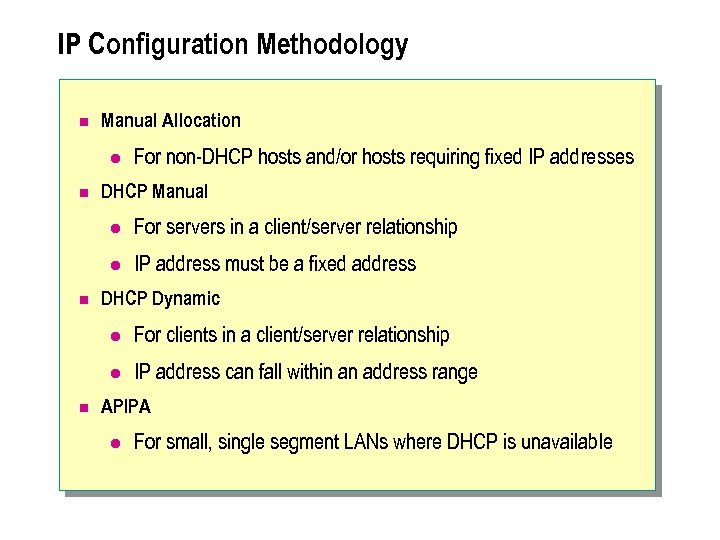 IP Configuration Methodology n Manual Allocation l n For non-DHCP hosts and/or hosts requiring