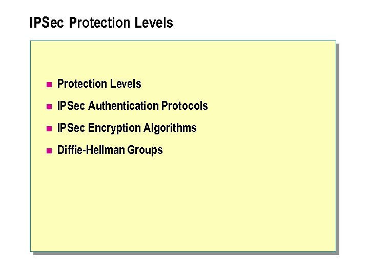 IPSec Protection Levels n IPSec Authentication Protocols n IPSec Encryption Algorithms n Diffie-Hellman Groups