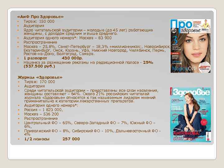  «Аи. Ф Про Здоровье» Тираж: 150 000 Аудитория Ядро читательской аудитории – молодые
