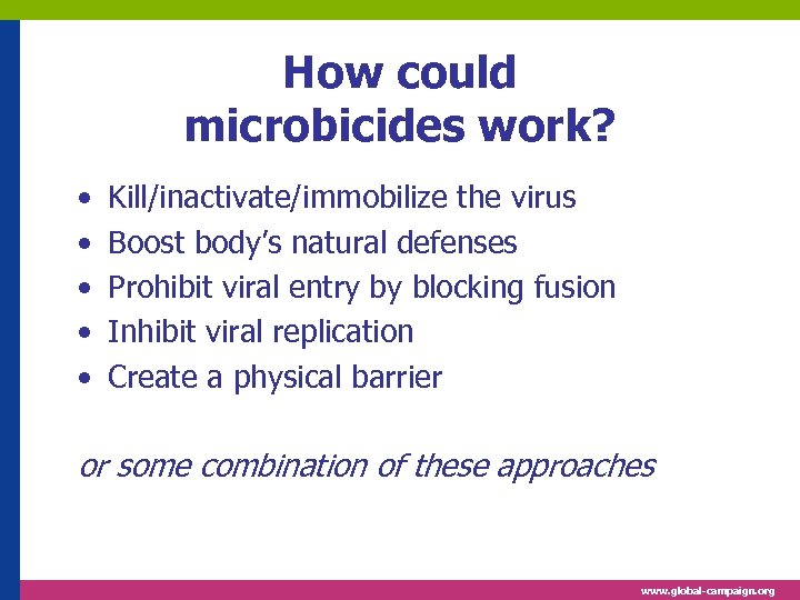 How could microbicides work? • • • Kill/inactivate/immobilize the virus Boost body’s natural defenses