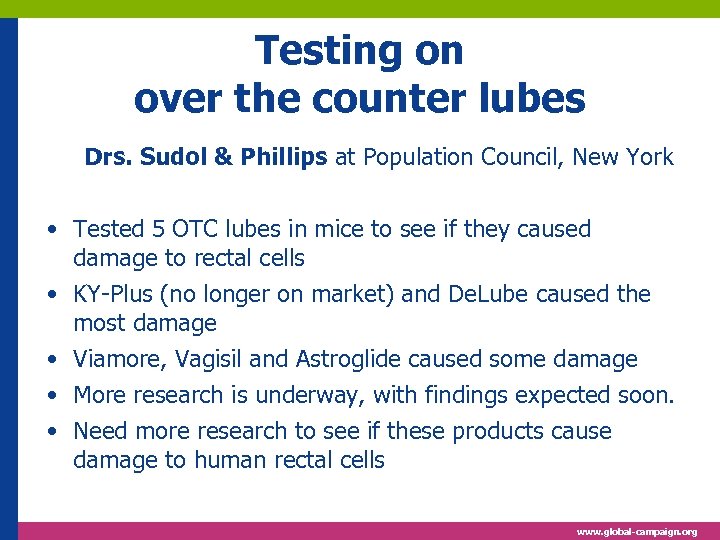 Testing on over the counter lubes Drs. Sudol & Phillips at Population Council, New