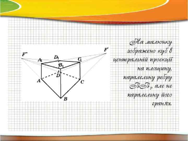 На малюнку зображено куб в центральній проекції на площину, паралельну ребру BB 1, але