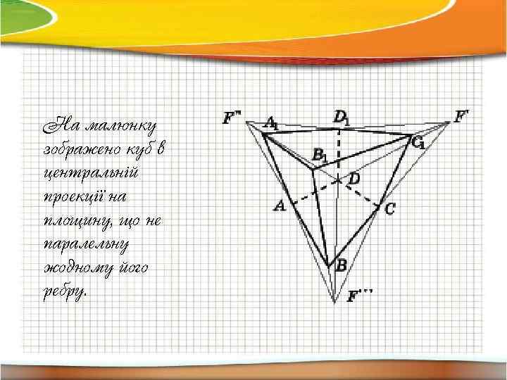 На малюнку зображено куб в центральній проекції на площину, що не паралельну жодному його