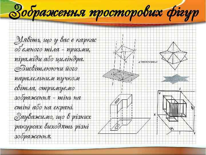 Зображення просторових фігур Уявіть, що у вас є каркас об'ємного тіла - призми, піраміди