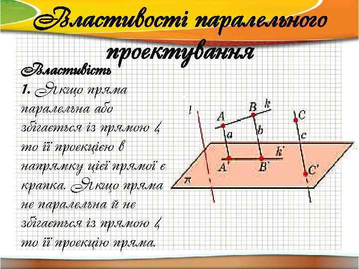 Властивості паралельного проектування Властивість 1. Якщо пряма паралельна або збігається із прямою l, то