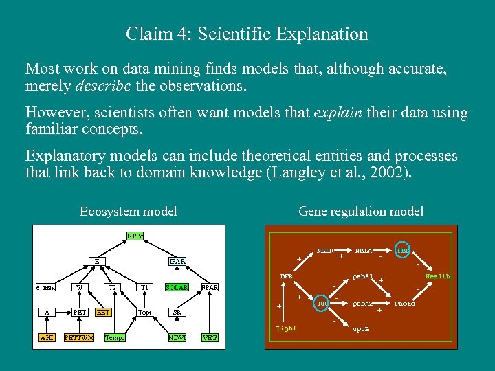 Claim 4: Scientific Explanation Most work on data mining finds models that, although accurate,