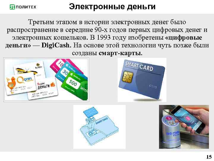 Электронные деньги Третьим этапом в истории электронных денег было распространение в середине 90 -х