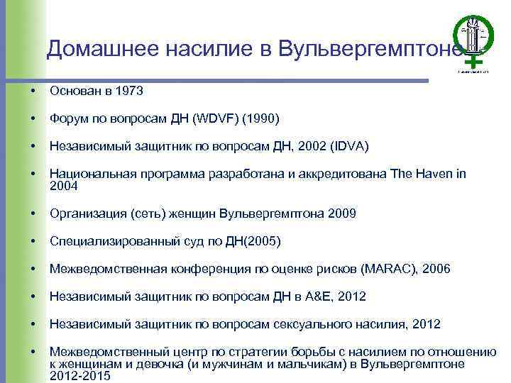 Домашнее насилие в Вульвергемптоне • Основан в 1973 • Форум по вопросам ДН (WDVF)