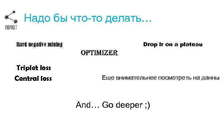 Надо бы что-то делать… Drop lr on a plateau Hard negative mining Optimizer Triplet