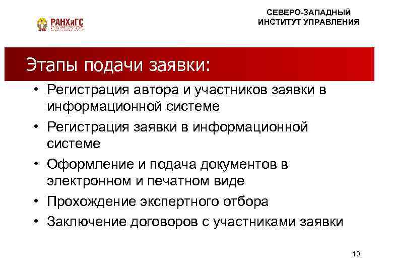 СЕВЕРО-ЗАПАДНЫЙ ИНСТИТУТ УПРАВЛЕНИЯ Этапы подачимиф? Правда – ЭТО СКУЧНО НАУКА или заявки: • Регистрация