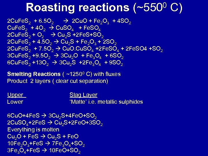 Roasting reactions (~5500 C) 2 Cu. Fe. S 2 + 6. 5 O 2