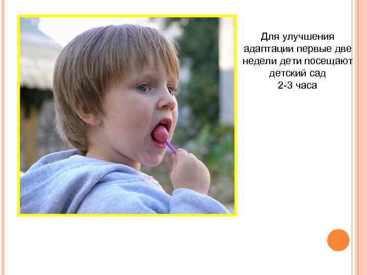 Для улучшения адаптации первые две недели дети посещают детский сад 2 -3 часа 
