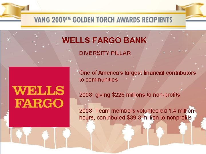 WELLS FARGO BANK DIVERSITY PILLAR One of America’s largest financial contributors to communities 2008: