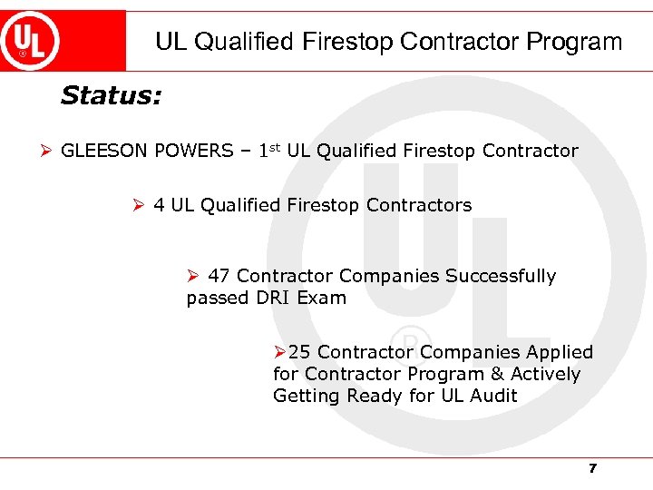 UL Qualified Firestop Contractor Program Status: Ø GLEESON POWERS – 1 st UL Qualified