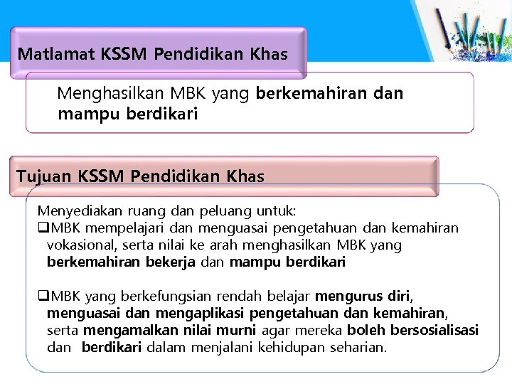 Matlamat KSSM Pendidikan Khas Menghasilkan MBK yang berkemahiran dan mampu berdikari Tujuan KSSM Pendidikan