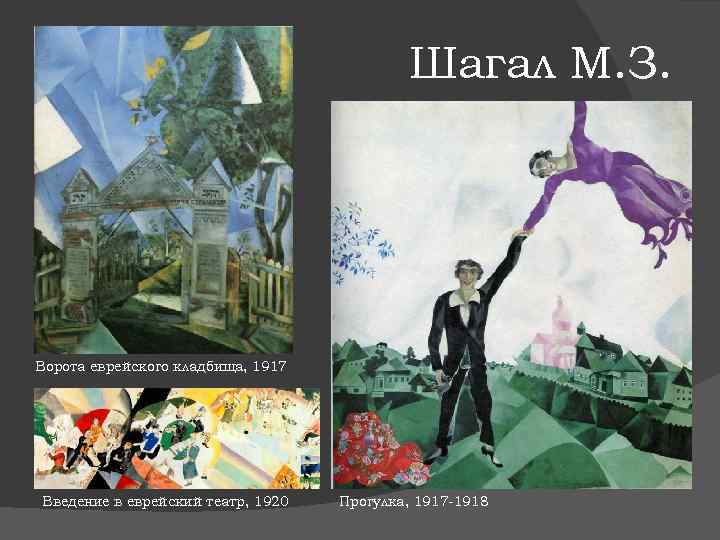 Шагал М. З. Ворота еврейского кладбища, 1917 Введение в еврейский театр, 1920 Прогулка, 1917