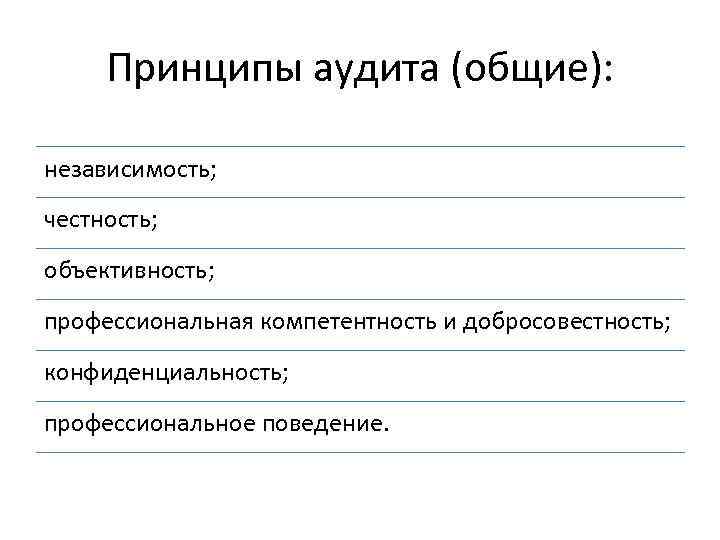 Принципы аудита (общие): независимость; честность; объективность; профессиональная компетентность и добросовестность; конфиденциальность; профессиональное поведение. 