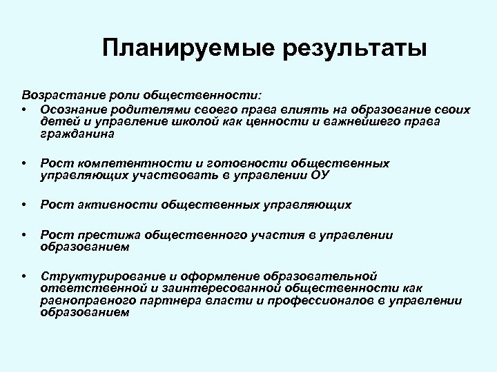 Планируемые результаты Возрастание роли общественности: • Осознание родителями своего права влиять на образование своих