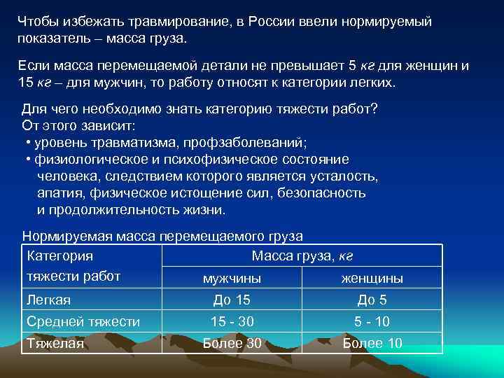 Чтобы избежать травмирование, в России ввели нормируемый показатель – масса груза. Если масса перемещаемой