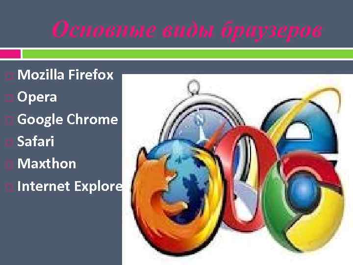 Основные виды браузеров Mozilla Firefox Opera Google Chrome Safari Maxthon Internet Explorer. 