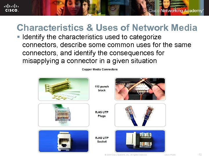 Characteristics & Uses of Network Media § Identify the characteristics used to categorize connectors,