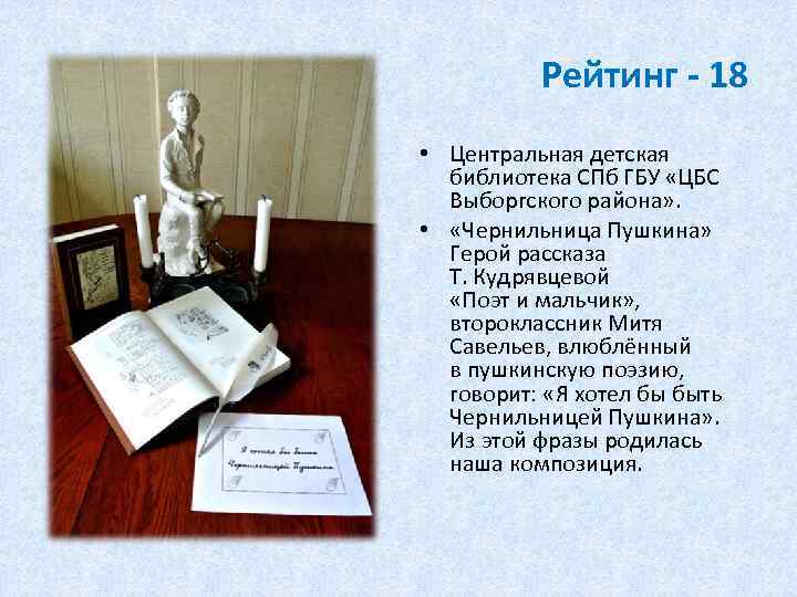 Рейтинг - 18 • Центральная детская библиотека СПб ГБУ «ЦБС Выборгского района» . •