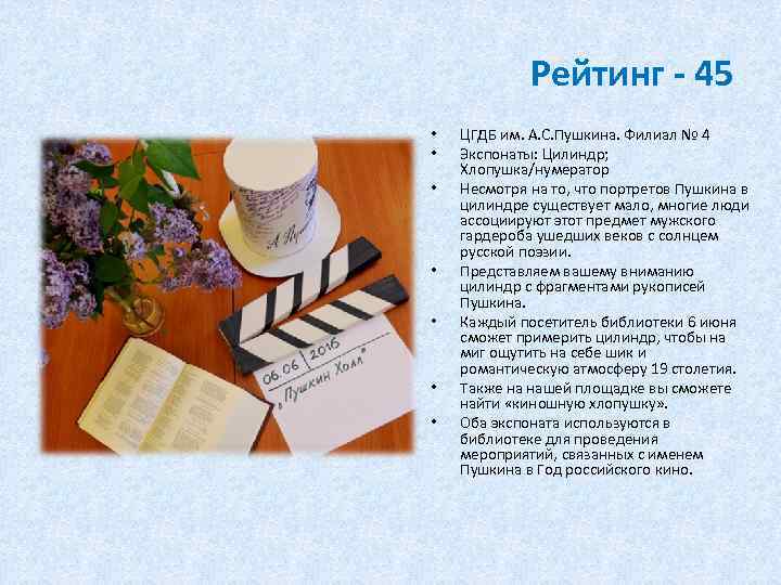 Рейтинг - 45 • • ЦГДБ им. А. С. Пушкина. Филиал № 4 Экспонаты:
